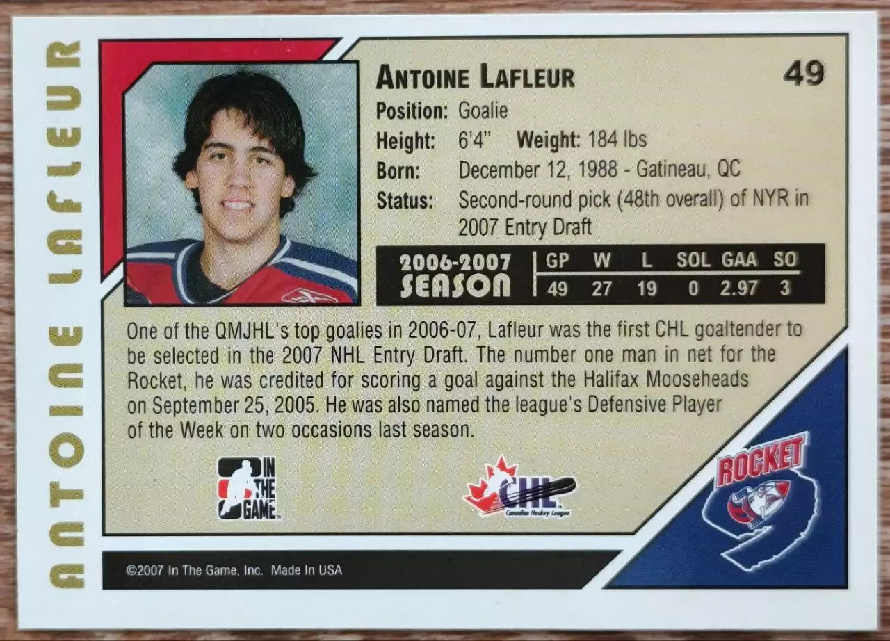 Карточка NHL. Антуан Лафлер/Antoine Lafleur Prince Edward Island Rocket 1