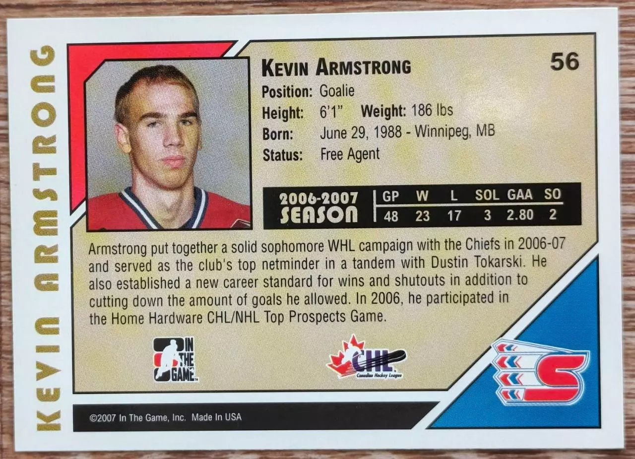 Карточка NHL. Кевин Армстронг/Kevin Armstrong Спокан/Spokane 1