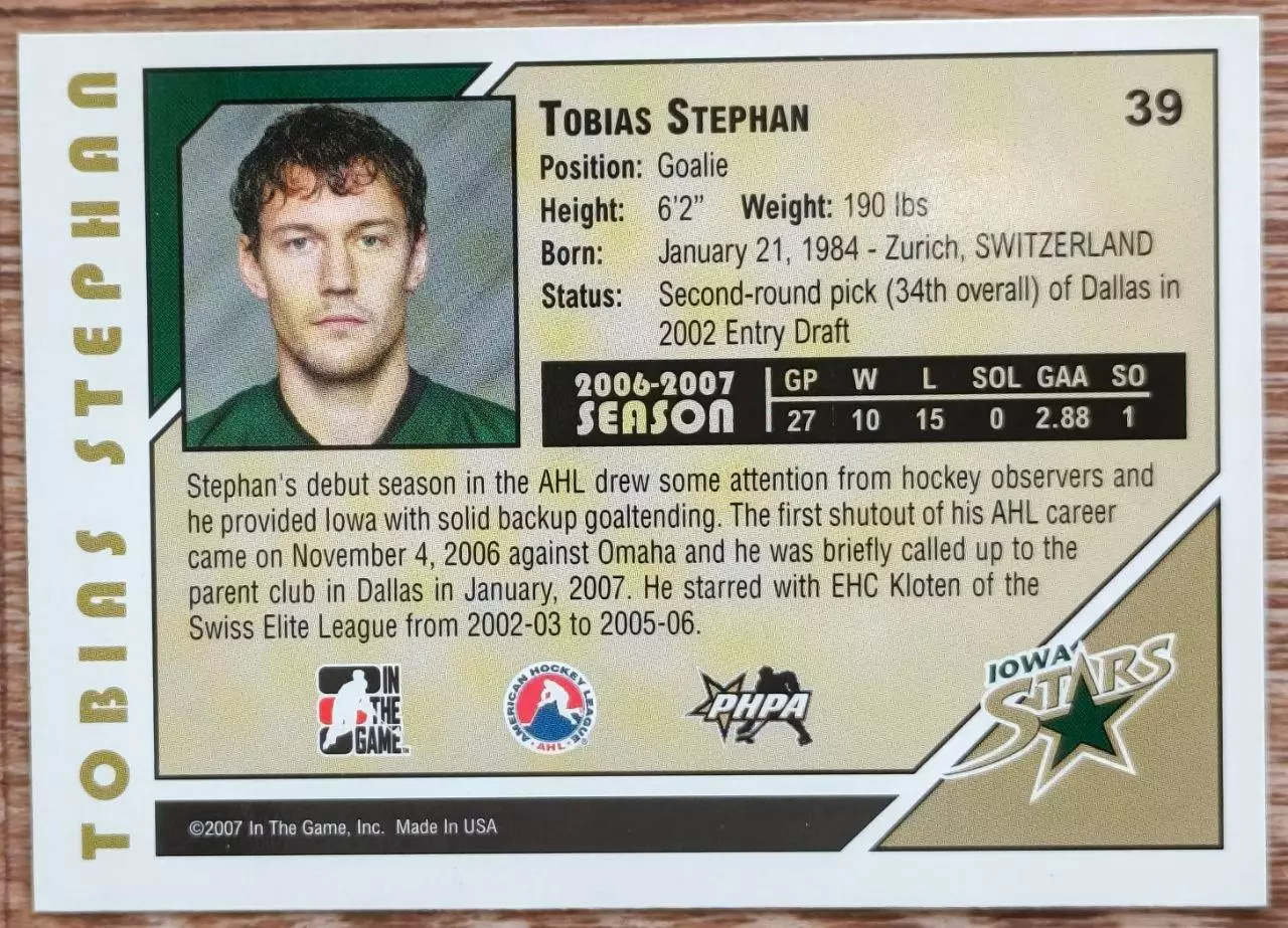 Карточка NHL. Тобиас Штефан/Tobias Stephan Айова/Iowa 1