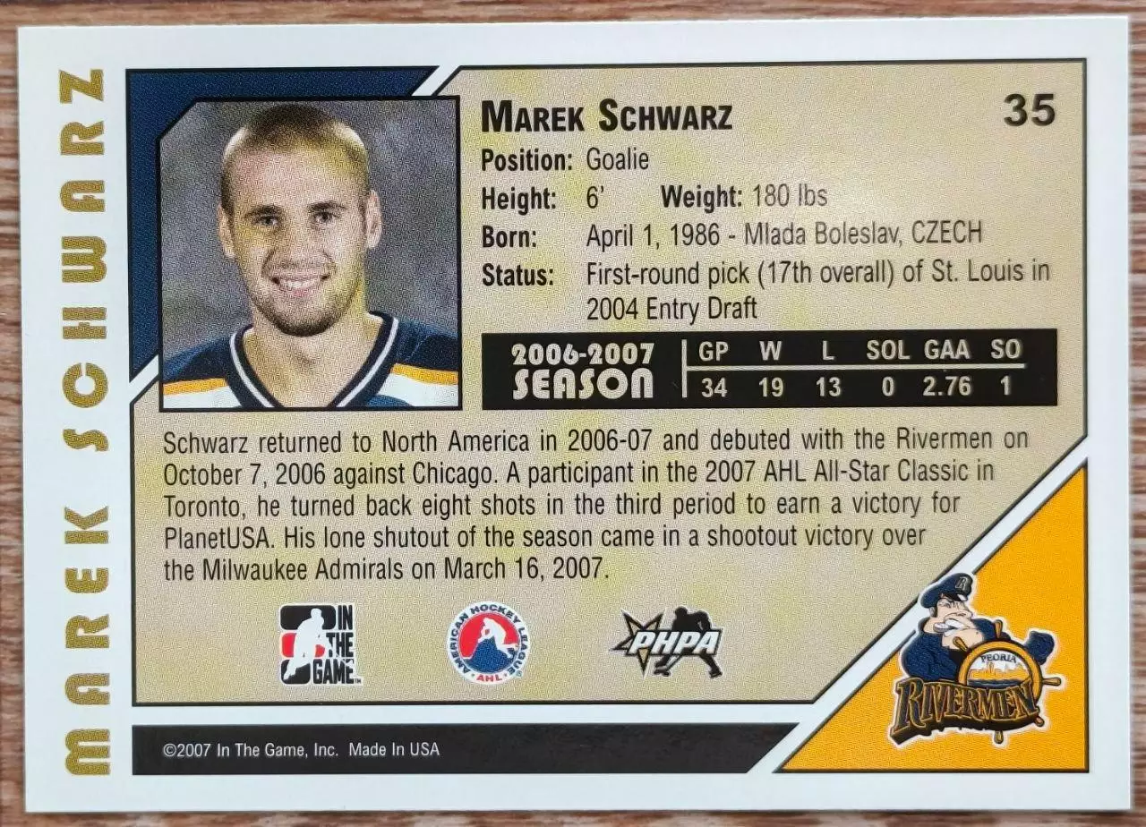Карточка NHL. Марек Шварц/Marek Schwarz Пеория/Peoria 1