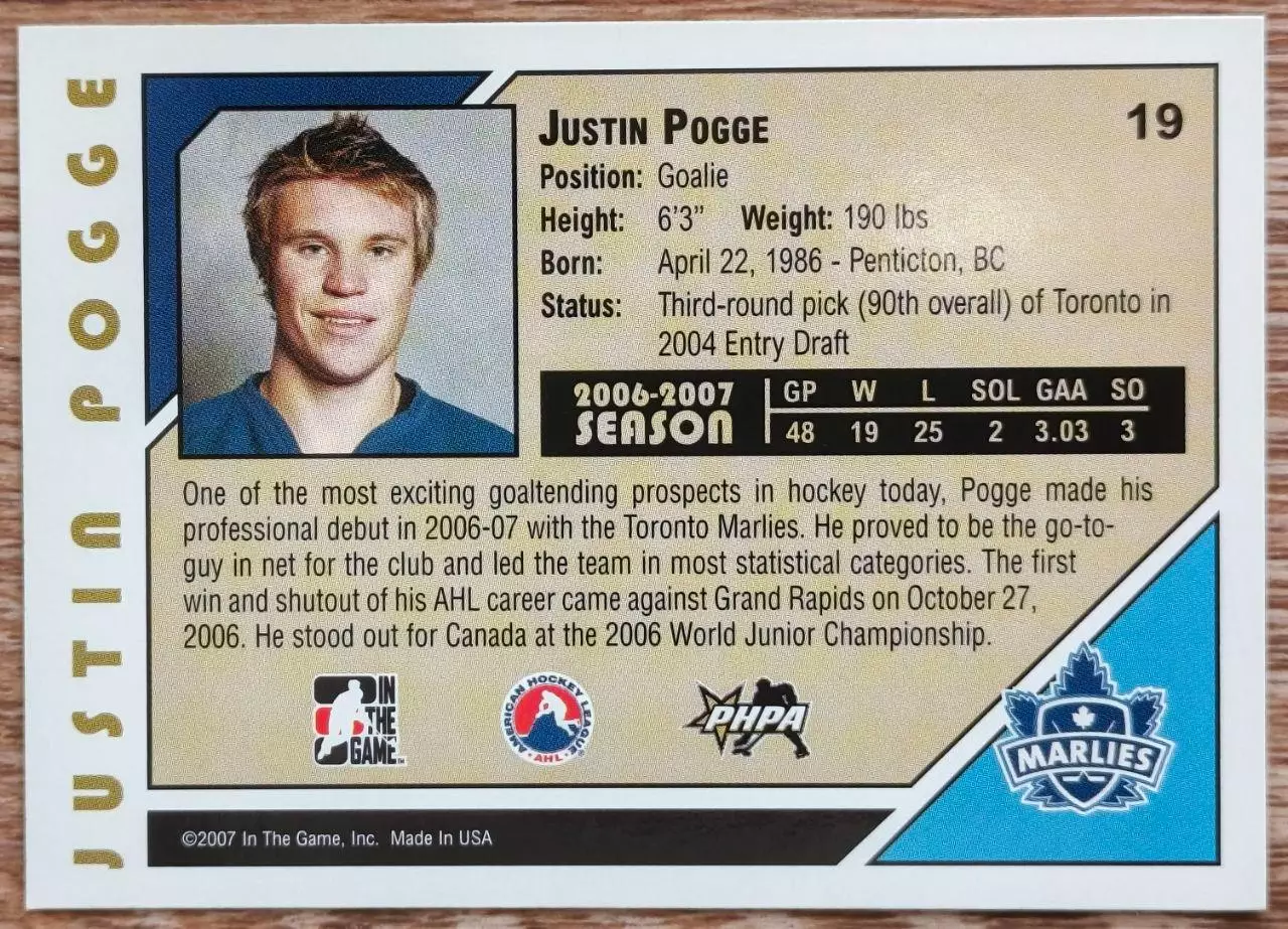 Карточка NHL. Джастин Погге/Justin Pogge Торонто/Toronto 1