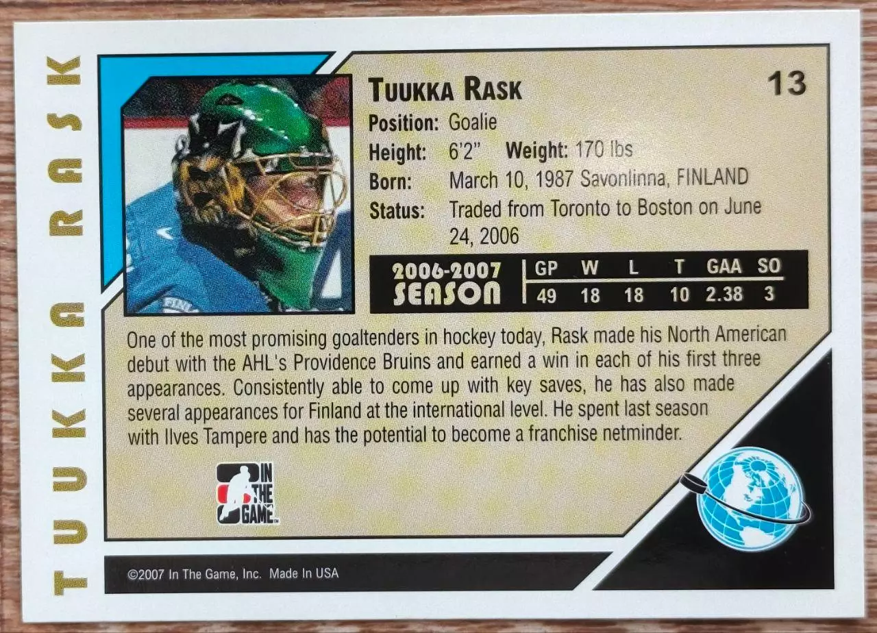 Карточка NHL. Туукка Раск/Tuukka Rask Финляндия/Finland 1