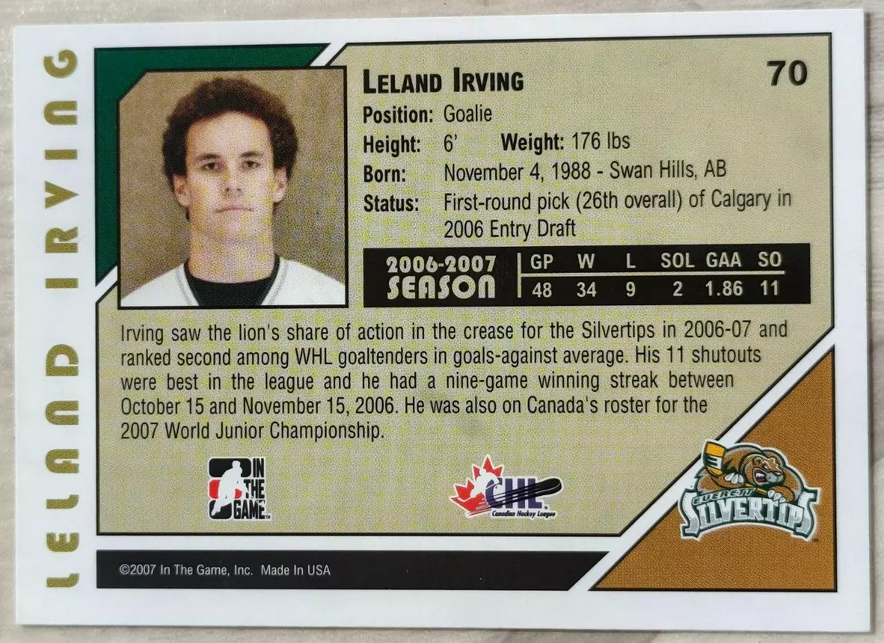 Карточка NHL. Лиланд Ирвинг/Leland Irving Эверетт/Everett 1