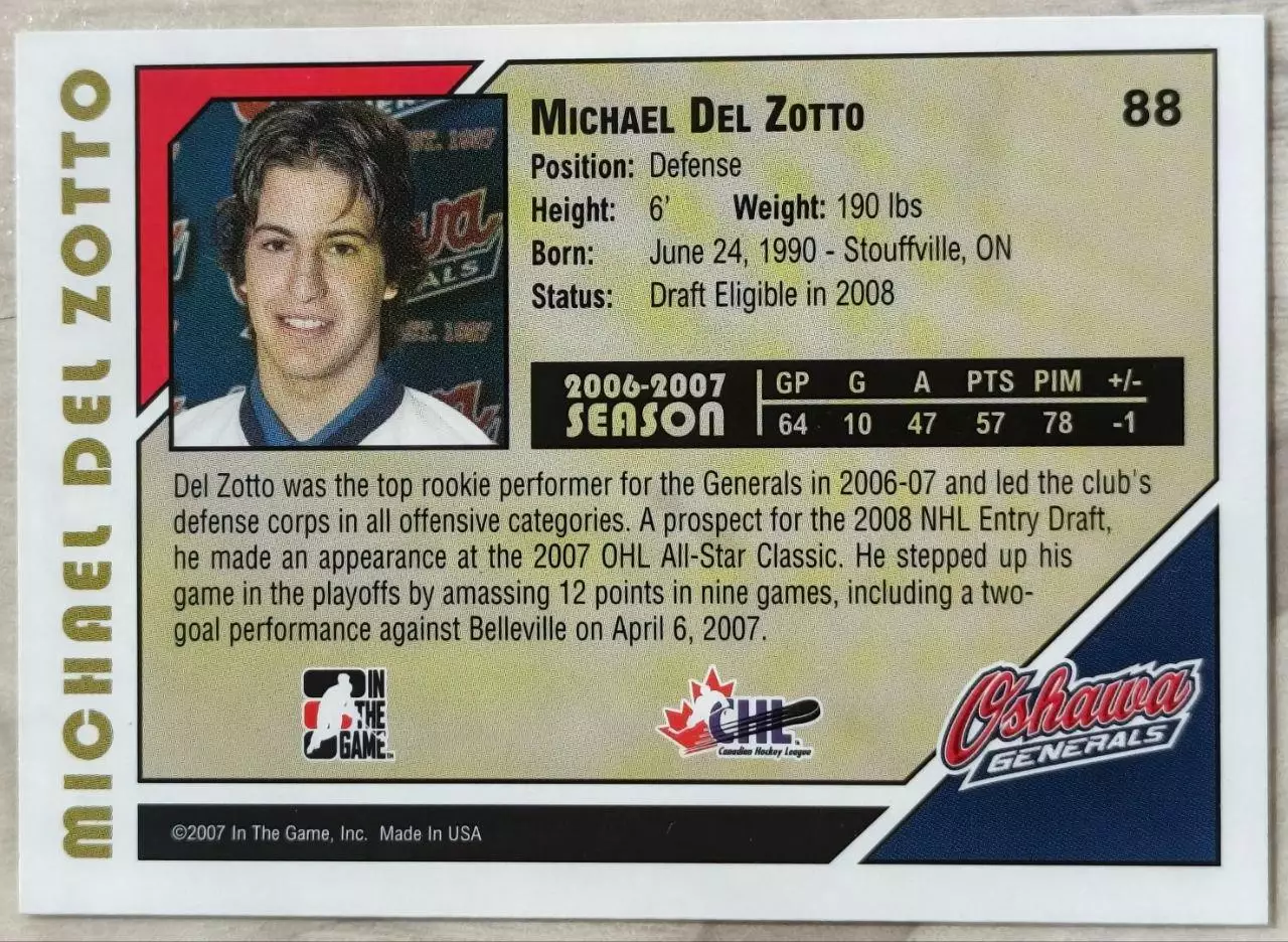 Карточка NHL. Майкл Дель Зотто/Michael Del Zotto Ошава/Oshawa 1