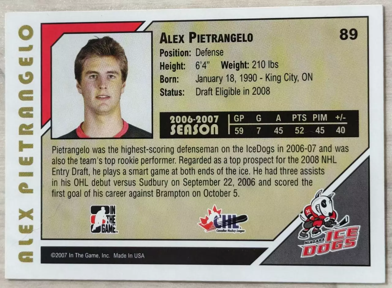 Карточка NHL. Алекс Пьетранжело/Alex Pietrangelo Ниагара/Niagara 1