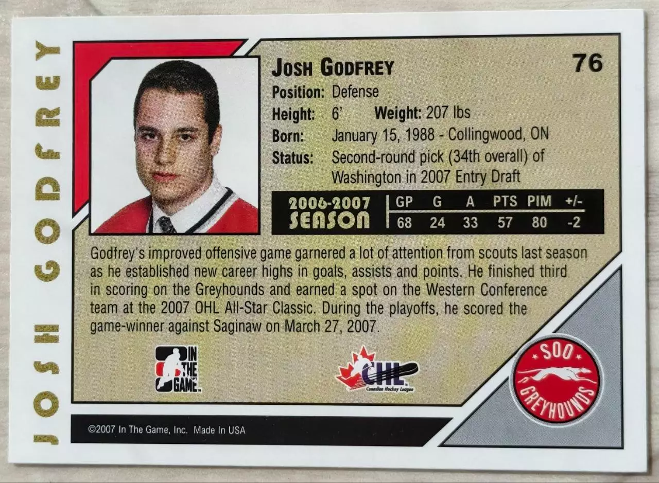 Карточка NHL. Джош Годфри/Josh Godfrey Су-Сент-Мари/Sault Ste. Marie 1