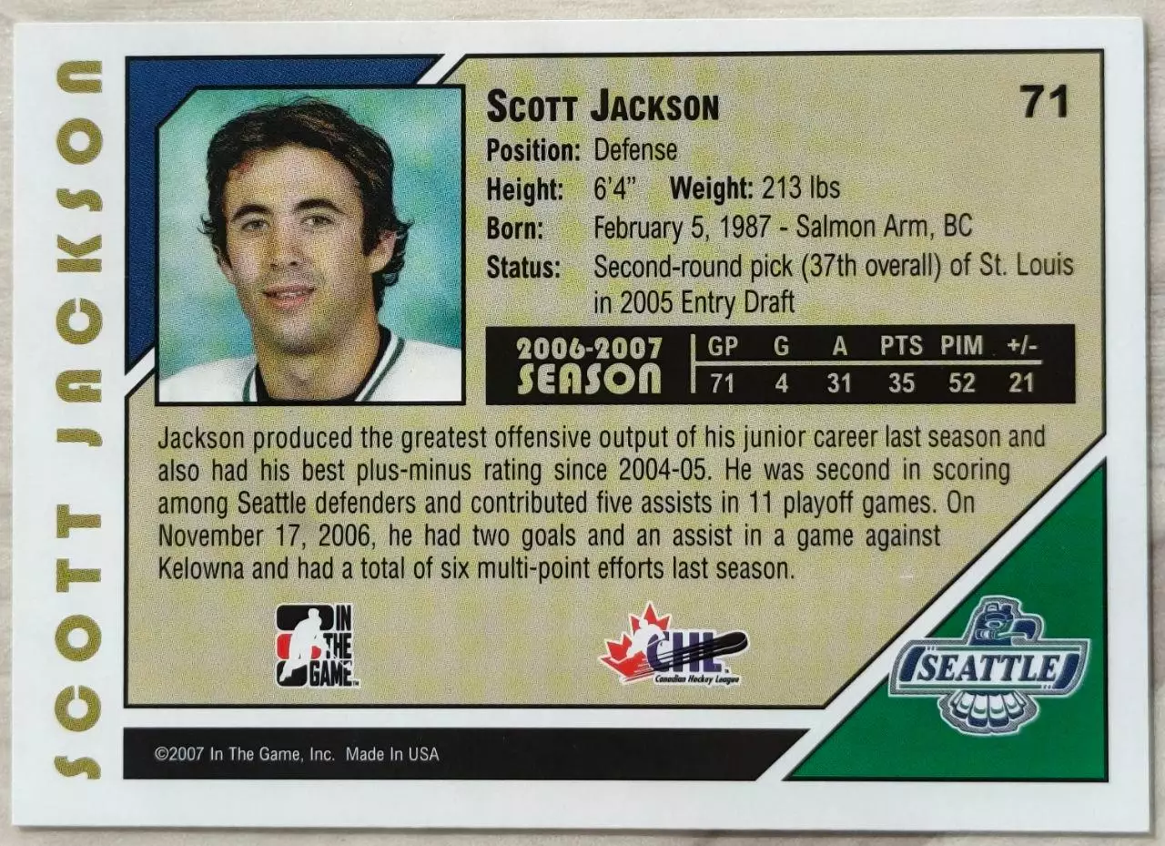 Карточка NHL. Скотт Джексон/Scott Jackson Сиэттл/Seattle 1