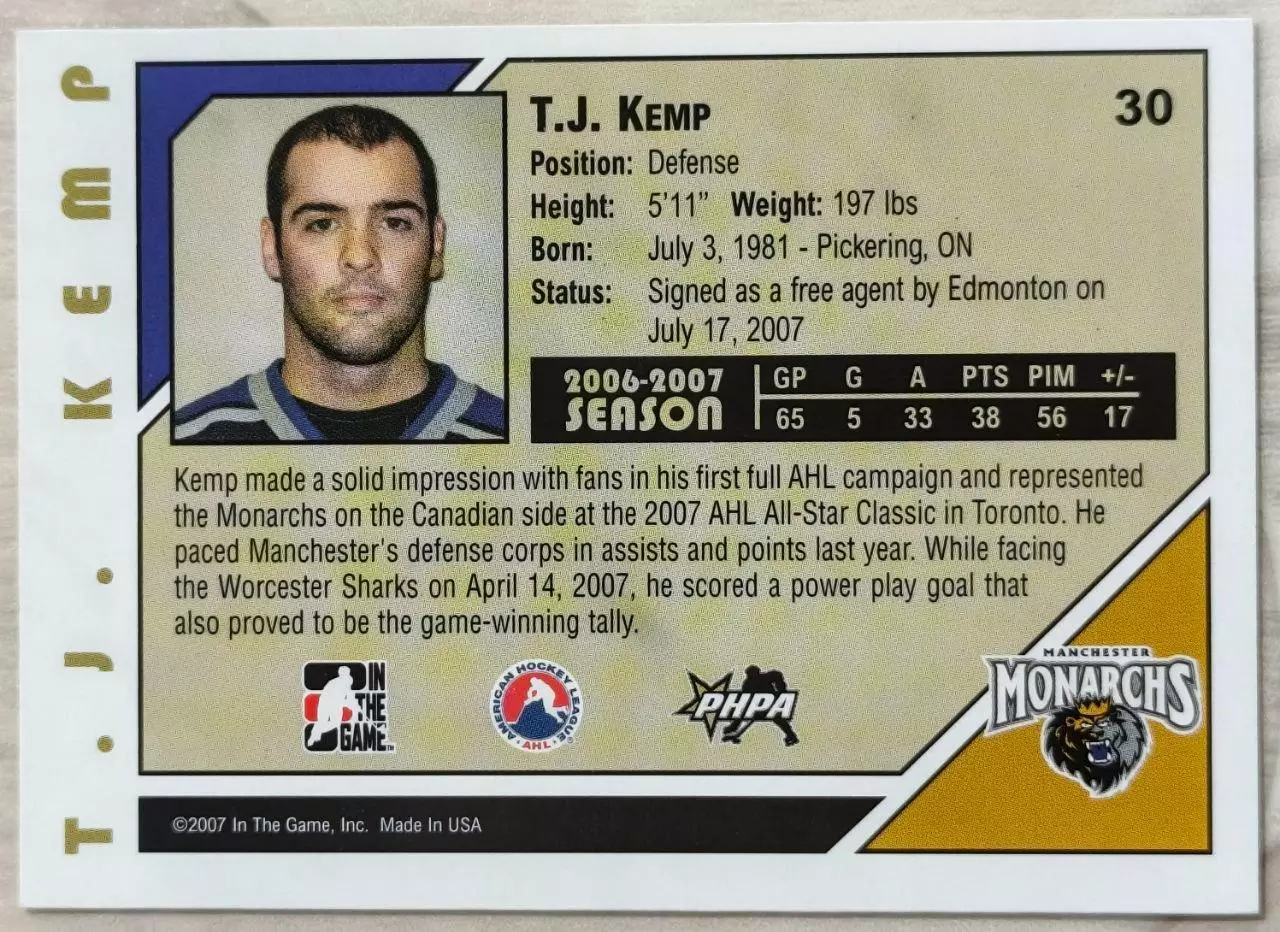 Карточка NHL. Т.Дж. Кемп/T.J. Kemp Манчестер/Manchester 1