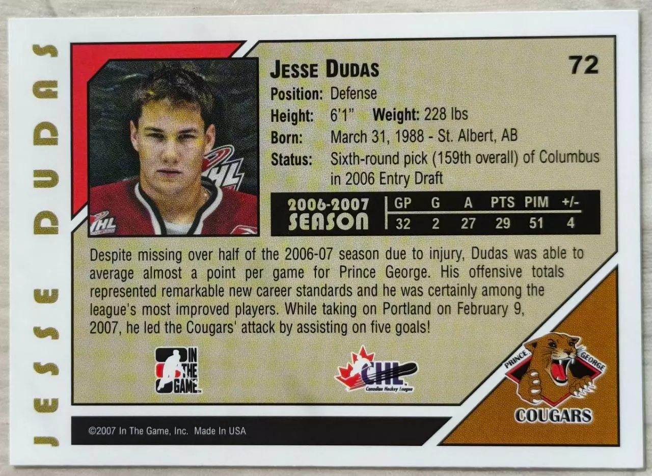 Карточка NHL. Джесси Дудас/Jesse Dudas Принс-Джордж/Prince George 1