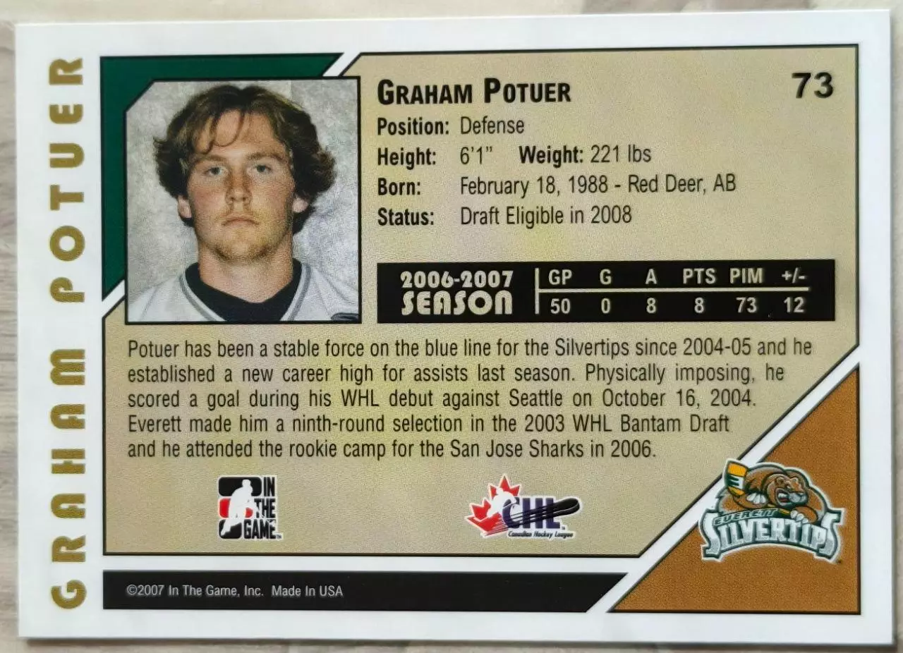 Карточка NHL. Грэм Потьер/Graham Potuer Эверетт/Everett 1