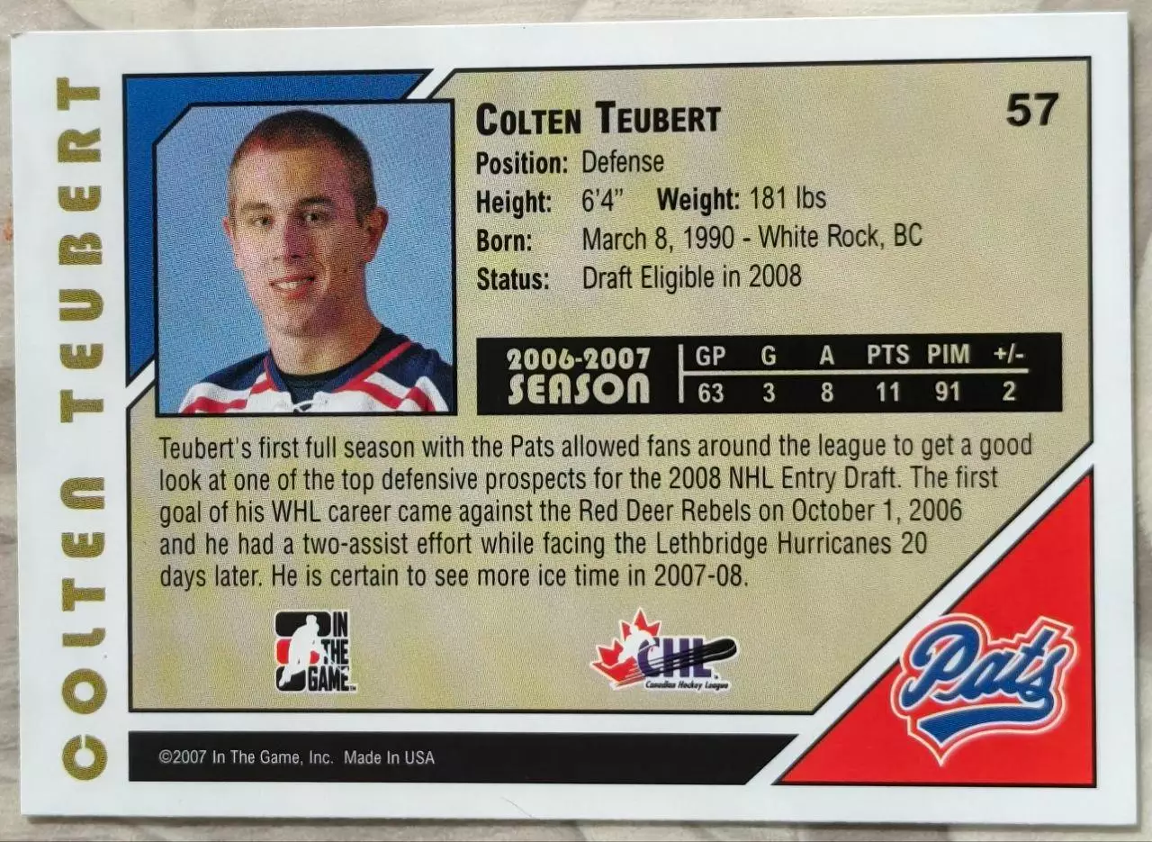 Карточка NHL. Колтен Тойберт/Colten Teubert Реджайна/Regina 1