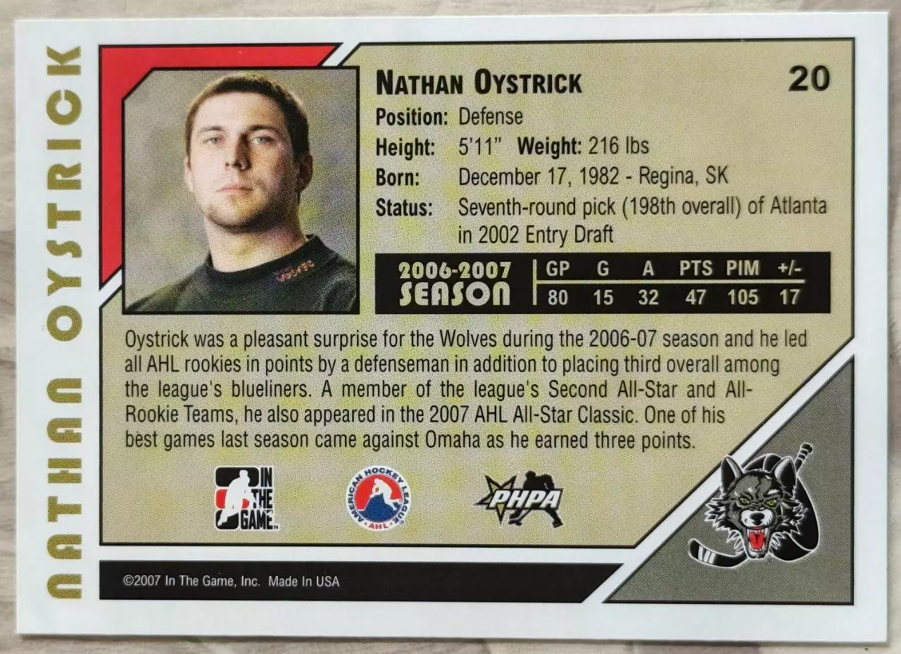 Карточка NHL. Натан Ойстрик/Nathan Oystrick Чикаго/Chicago 1
