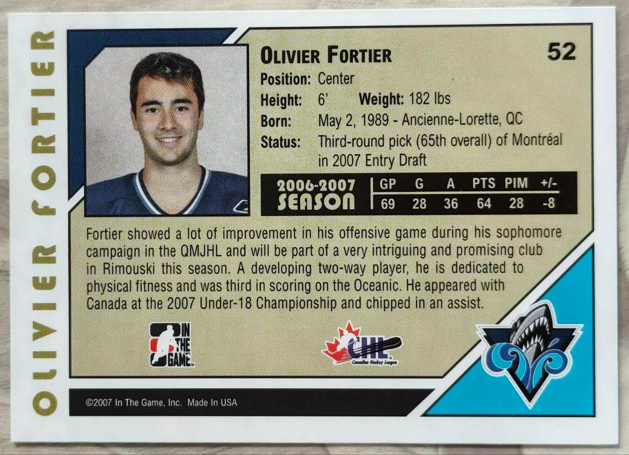 Карточка NHL. Оливье Фортье/Olivier Fortier Римуски/Rimouski 1