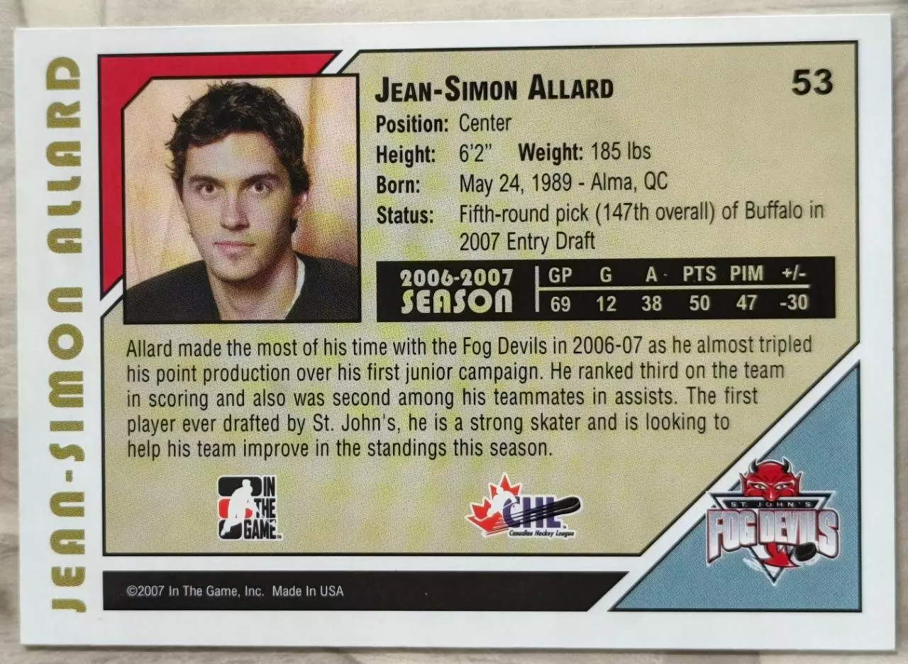 Карточка NHL. Жан-Симон Аллар/Jean-Simon Allard Сент-Джонс/St. John's 1
