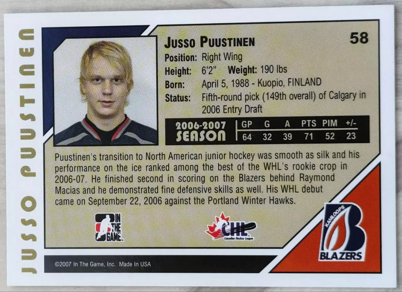 Карточка NHL. Йуссо Пуустинен/Jusso Puustinen Камлупс/Kamloops 1