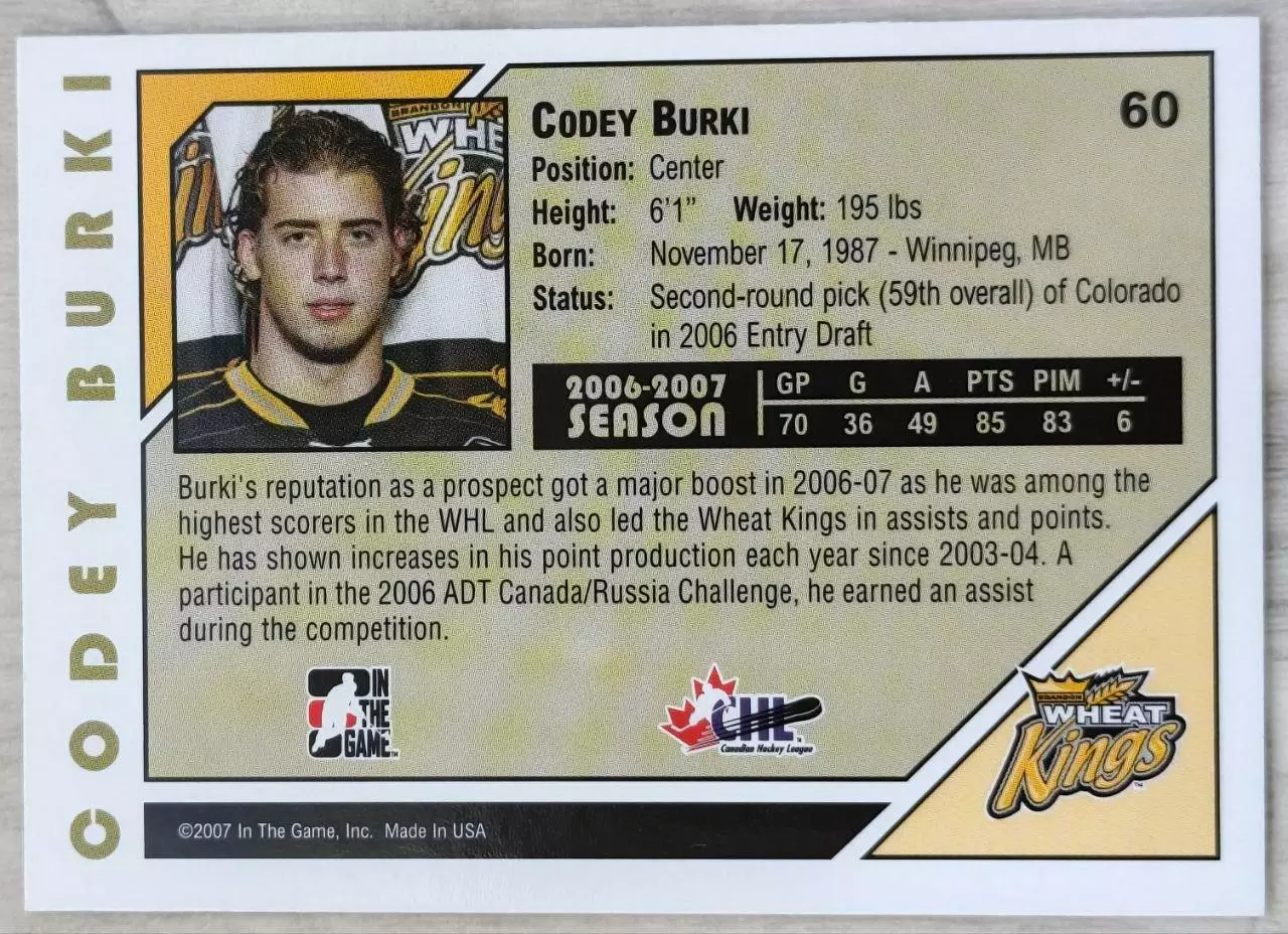 Карточка NHL. Коди Бурки/Codey Burki Брэндон/Brandon 1