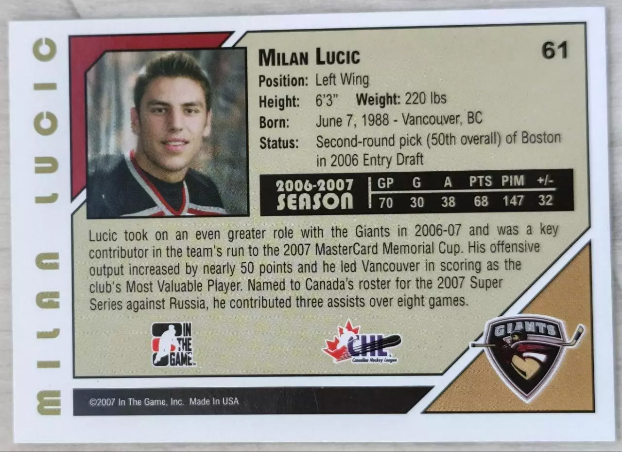Карточка NHL. Милан Лучич/Milan Lucic Ванкувер/Vancouver 1