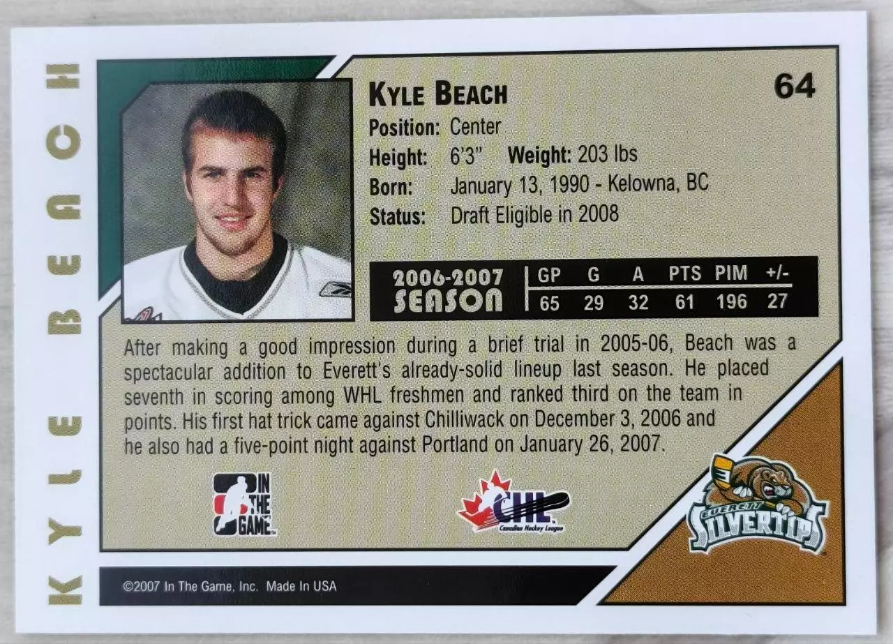 Карточка NHL. Кайл Бич/Kyle Beach Эверетт/Everett 1