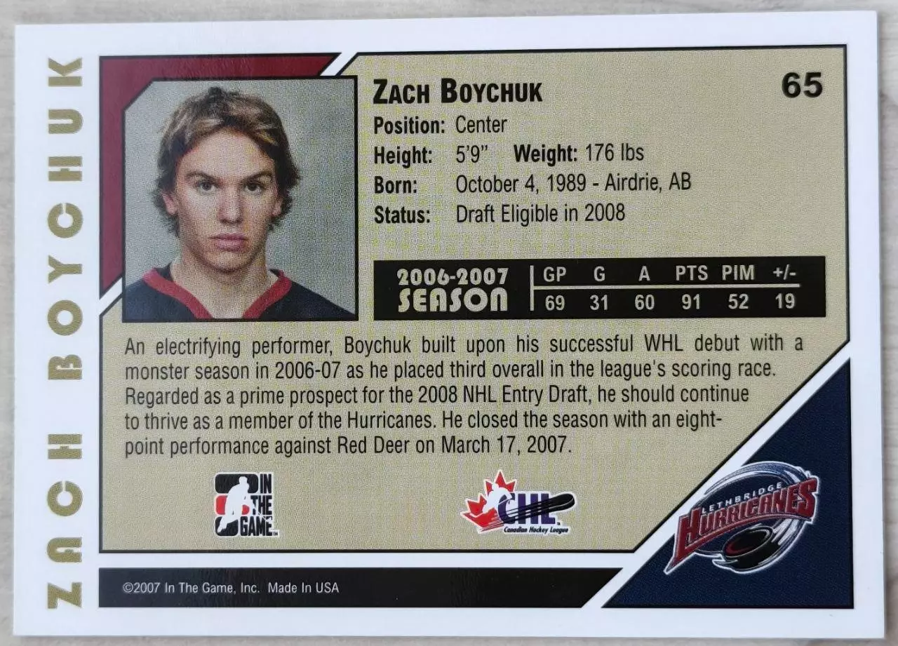 Карточка NHL. Зак Бойчак/Zach Boychuk Летбридж/Lethbridge 1