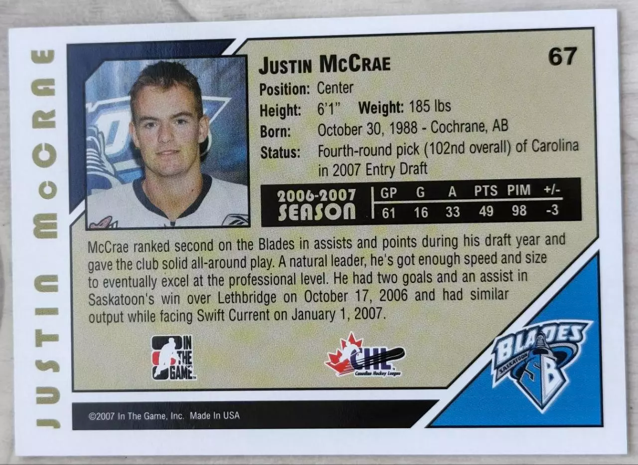 Карточка NHL. Джастин Макрей/Justin McCrae Саскатун/Saskatoon 1