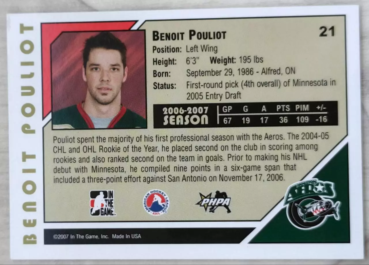 Карточка NHL. Бенуа Пульо/Benoit Pouliot Хьюстон/Houston 1