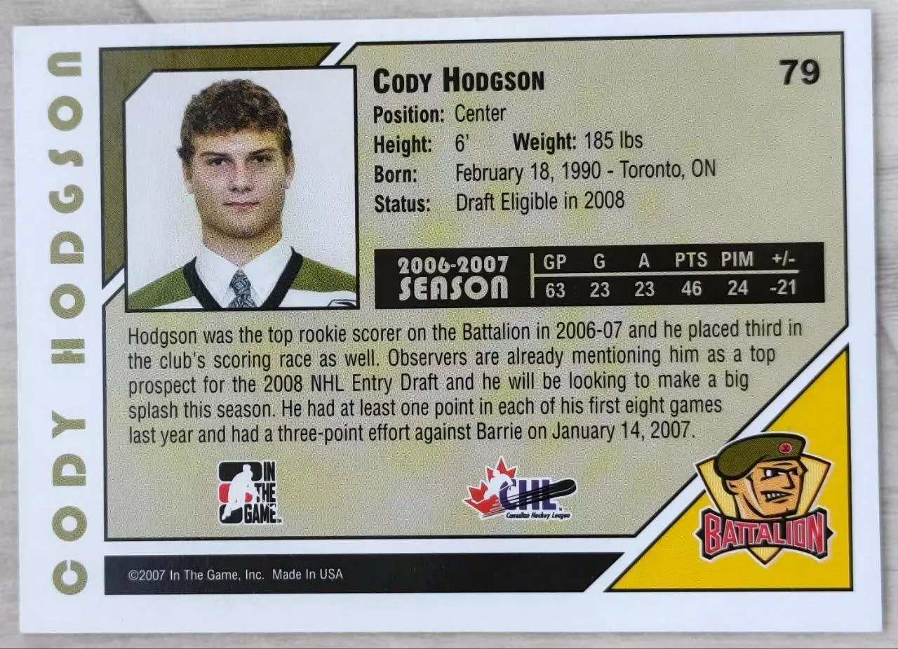 Карточка NHL. Коди Ходжсон/Cody Hodgson Брэмптон/Brampton 1