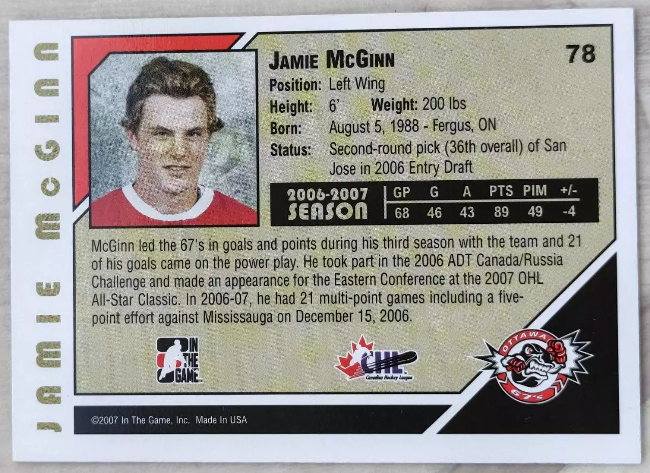 Карточка NHL. Джейми Макгинн/Jamie McGinn Оттава/Ottawa 1