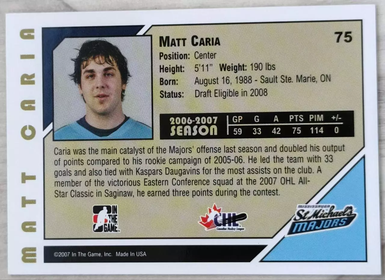 Карточка NHL. Мэтт Кария/Matt Caria Миссиссога/Mississauga 1