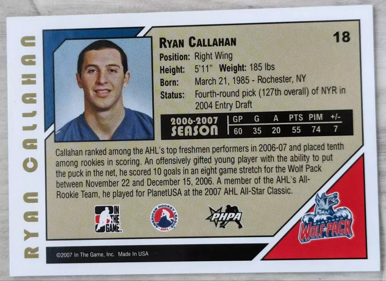 Карточка NHL. Райан Кэллахан/Ryan Callahan Хартфорд/Hartford 1