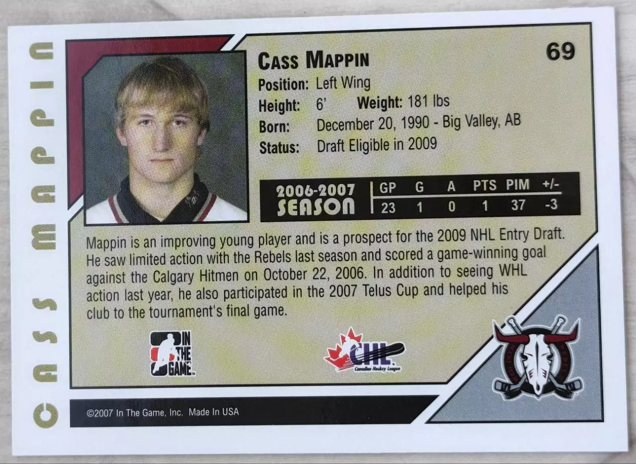 Карточка NHL. Касс Маппин/Cass Mappin Ред-Дир/Red Deer 1
