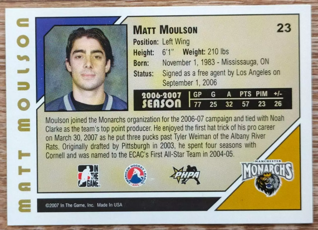 Карточка NHL. Мэтт Моулсон/Matt Moulson Манчестер/Manchester 1