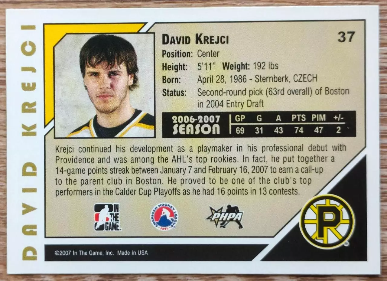 Карточка NHL. Давид Крейчи/David Krejci Провиденс/Providence 1