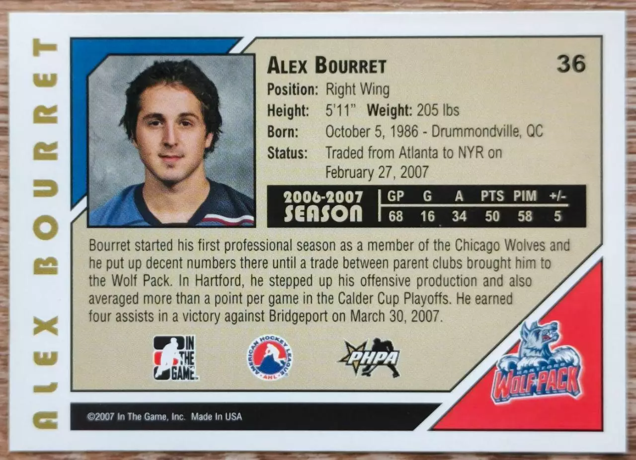 Карточка NHL. Алекс Бурре/Alex Bourret Хартфорд/Hartford 1