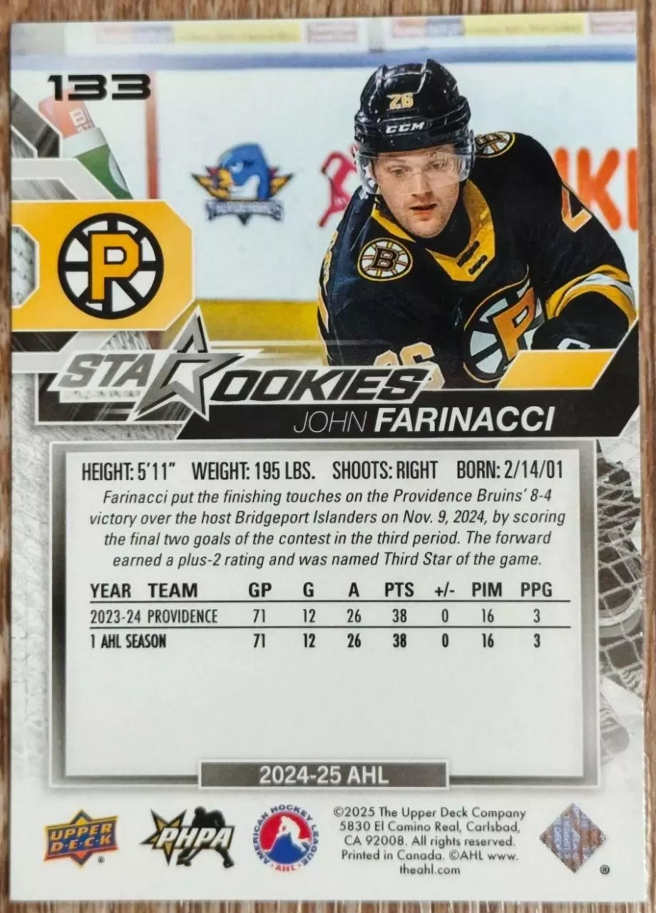 Карточка AHL. Джон Фариначчи/John Farinacci Провиденс/Providence 1