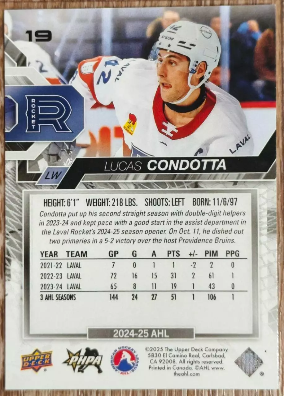 Карточка AHL. Лукас Кондотта/Lucas Condotta Лаваль/Laval 1