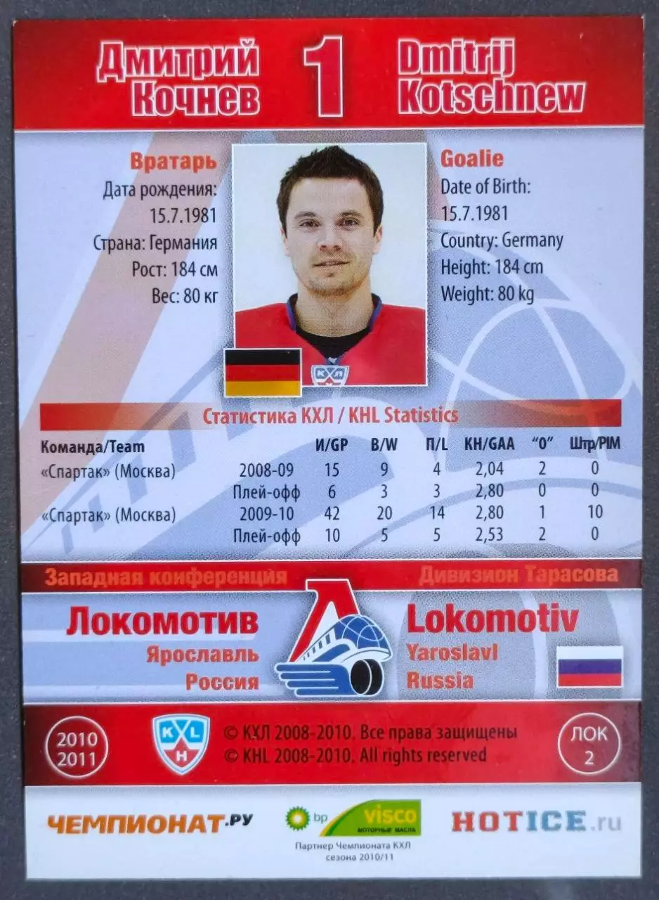 Карточка КХЛ. Дмитрий Кочнев Локомотив. 2010-2011 SeReal 1