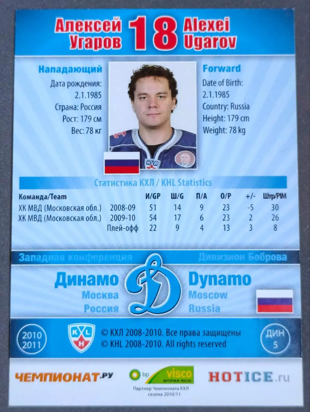 Карточка КХЛ. Алексей Угаров Динамо Москва. 2010-2011 SeReal 1