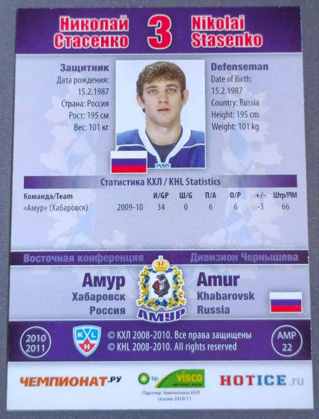 Карточка КХЛ. Николай Стасенко Амур. 2010-2011 SeReal 1