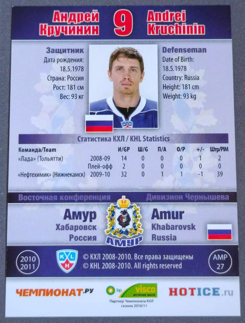 Карточка КХЛ. Андрей Кручинин Амур. 2010-2011 SeReal 1