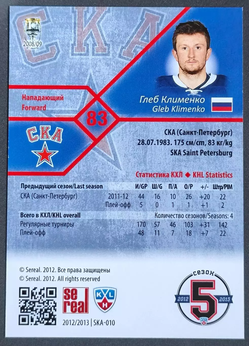Карточка КХЛ. Глеб Клименко СКА. 2012-2013 SeReal 1