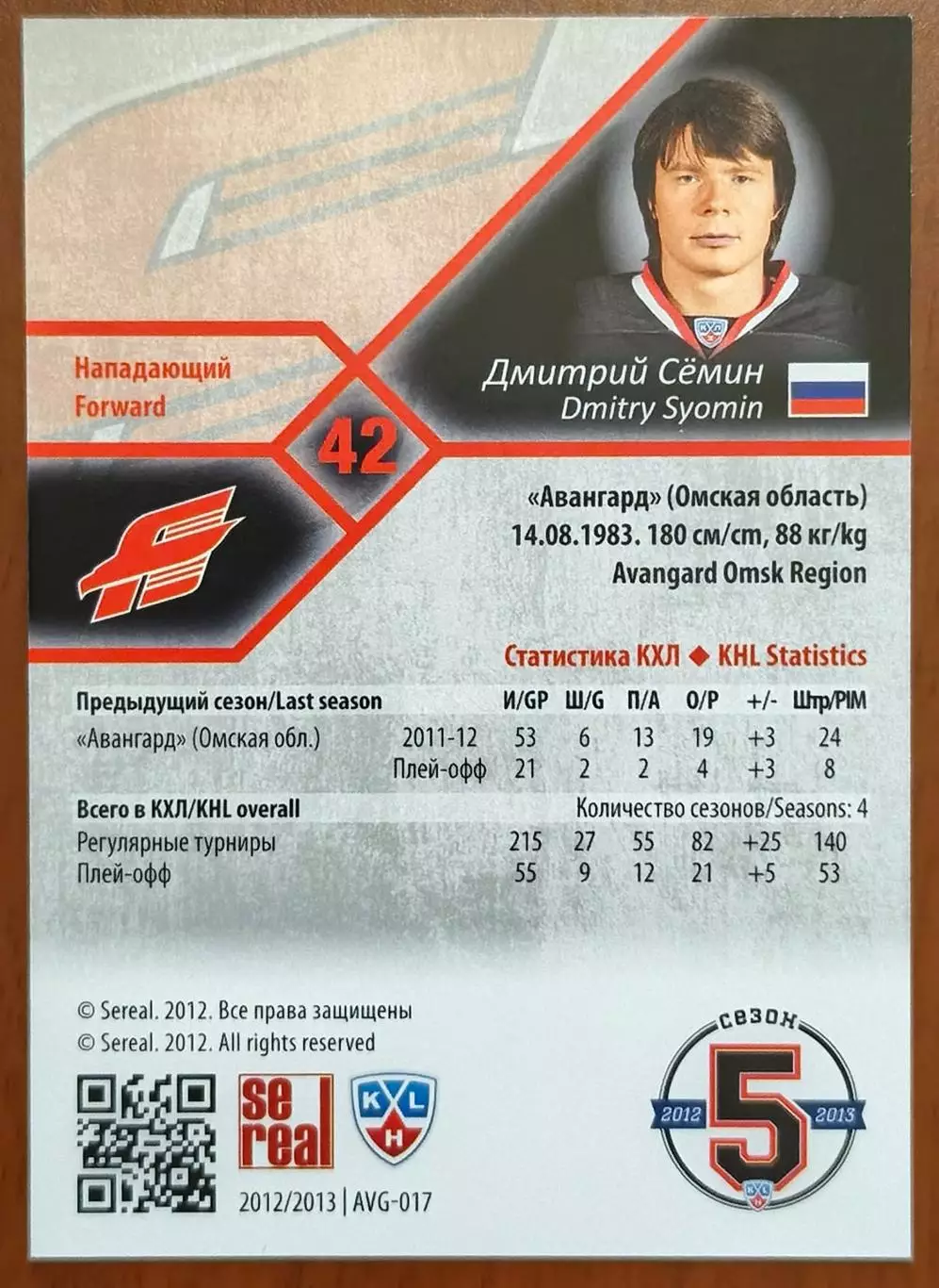 Карточка КХЛ. Дмитрий Семин Авангард. 2012-2013 SeReal 1