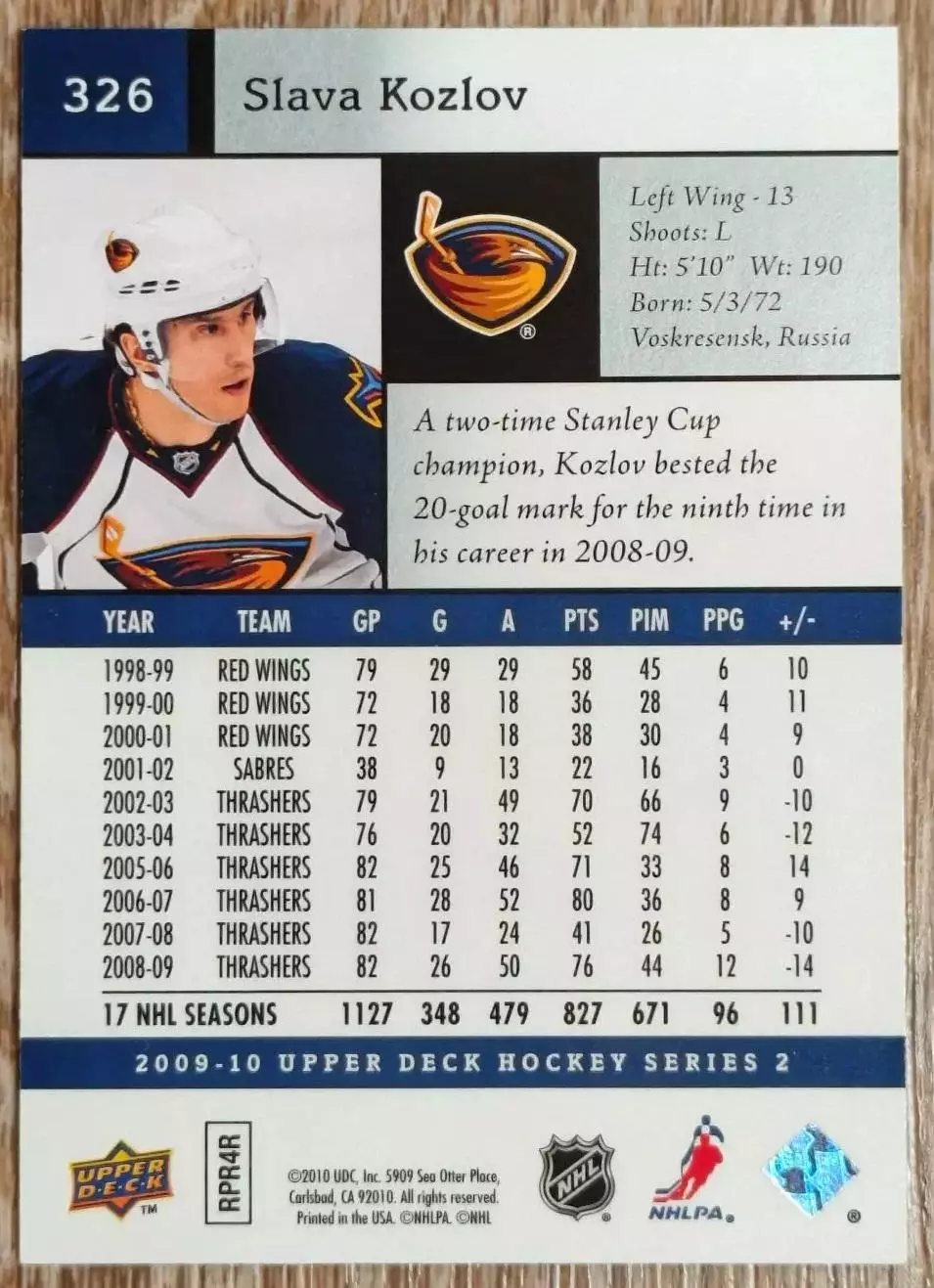 Карточка NHL. Вячеслав Козлов/Vyacheslav Kozlov Атланта 1