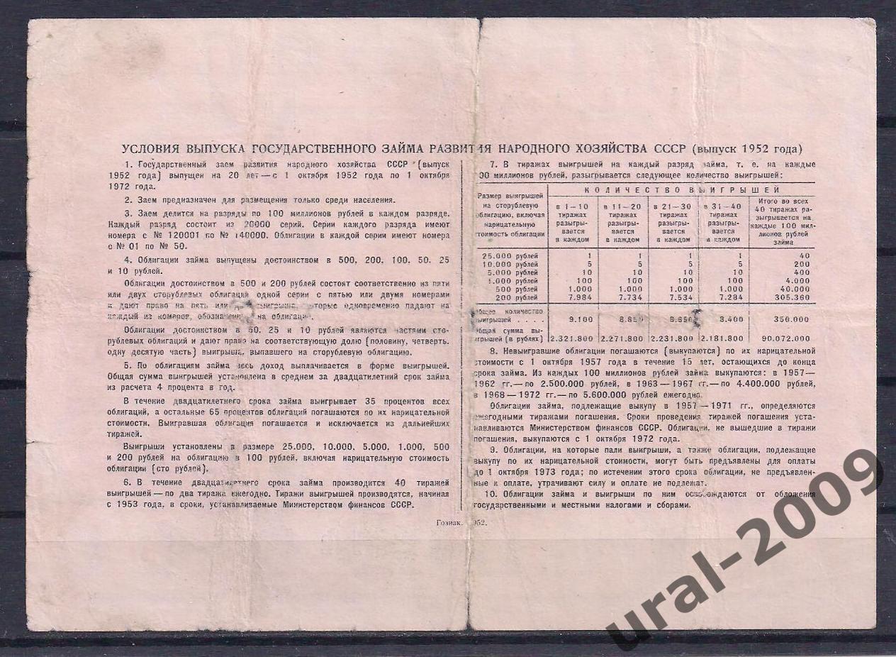 Облигация, 100 рублей 1952 год. 126628. (надрывы). 1