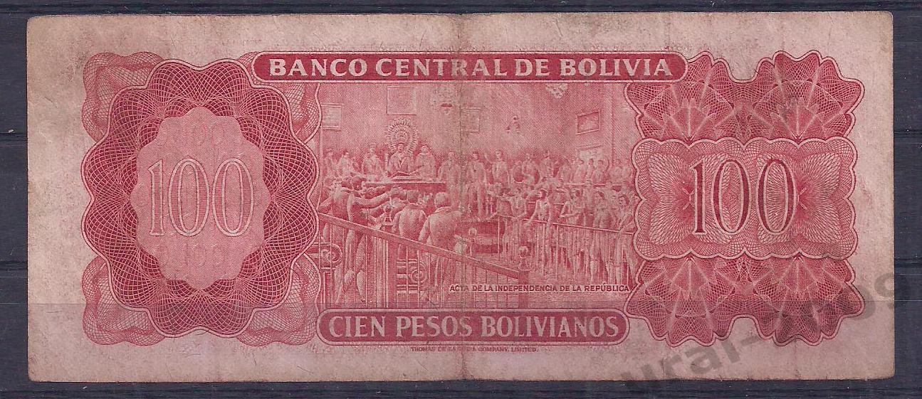 Боливия, 100 песо 1962 год! (красный номер) 713239. 1