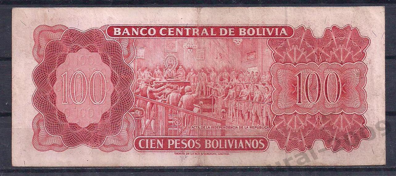 Боливия, 100 песо 1962 год! (красный номер) 634684. 1