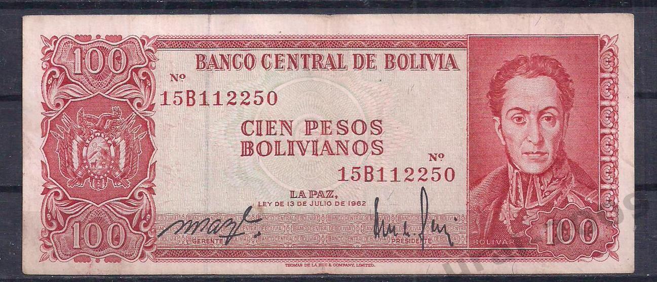 Боливия, 100 песо 1962 год! (красный номер) 112250.