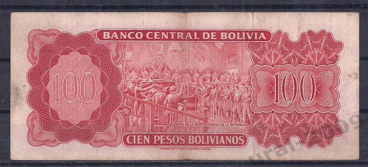 Боливия, 100 песо 1962 год! (красный номер) 112250. 1