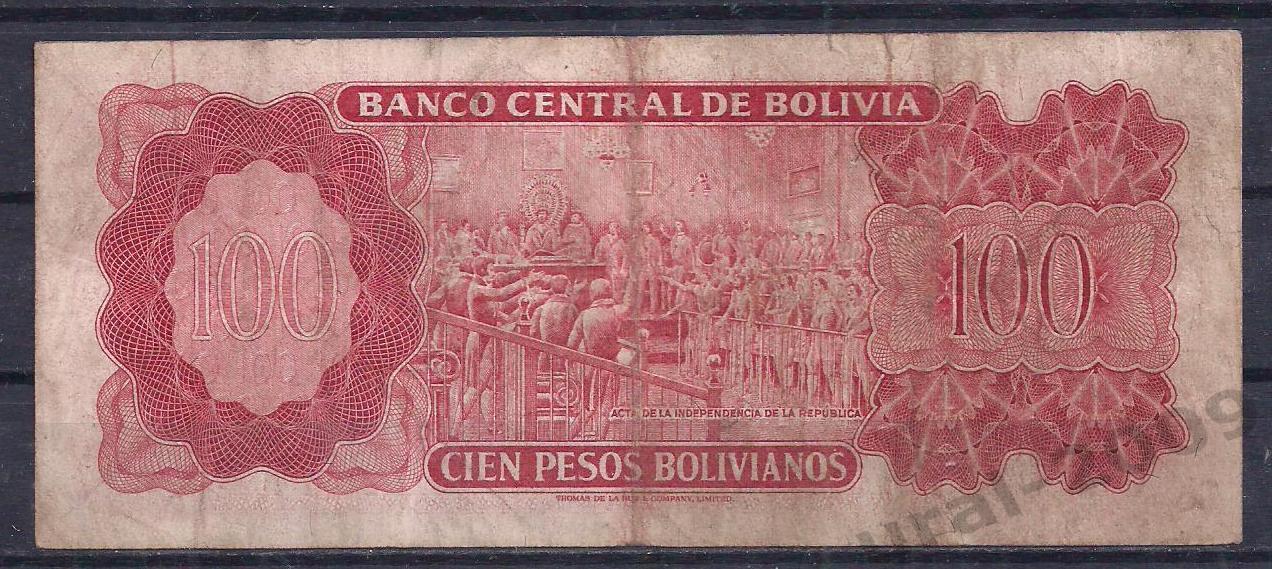 Боливия, 100 песо 1962 год! (красный номер) 7481084. 1