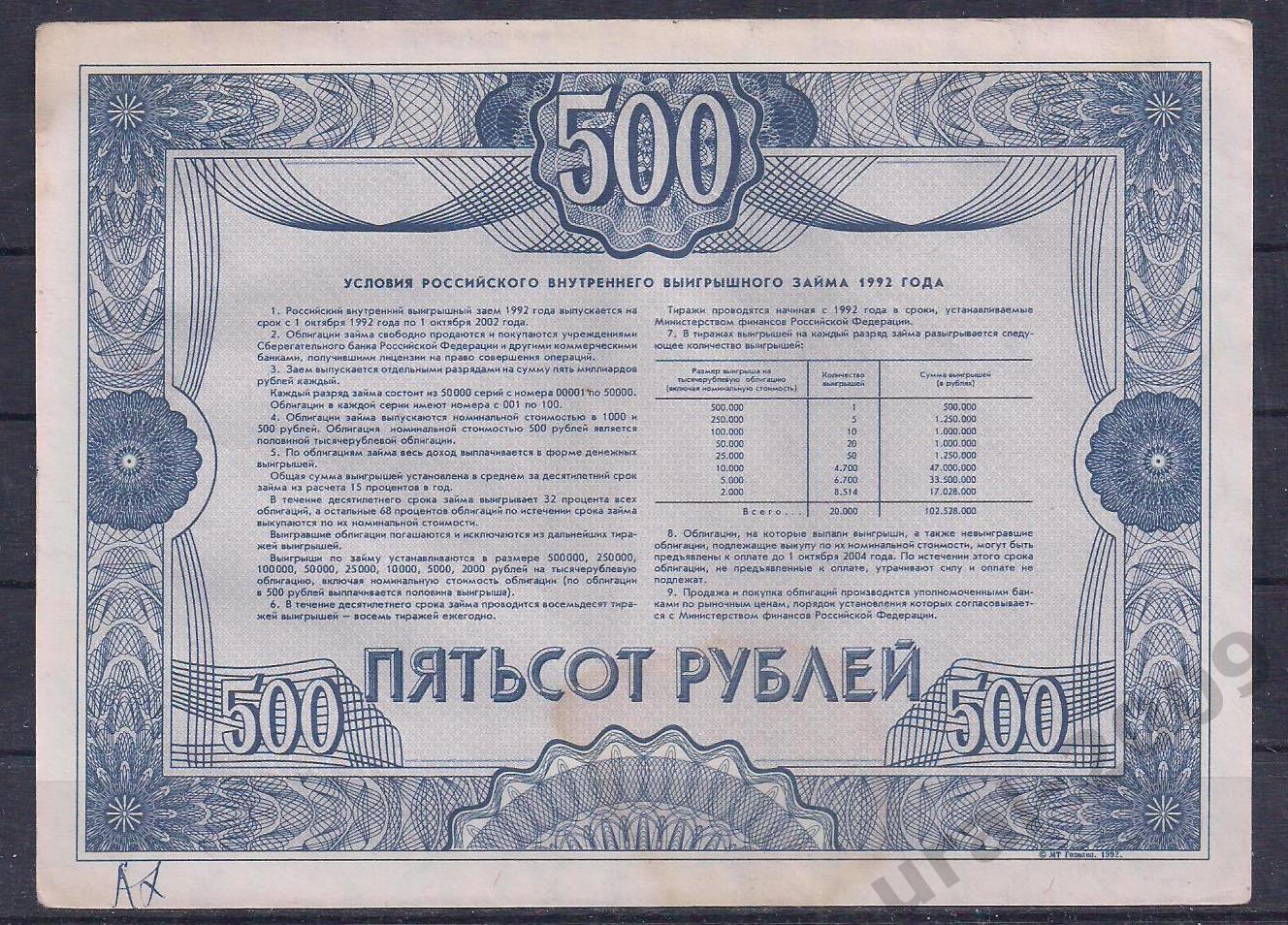 Россия, Облигация 500 рублей 1992 год! 38462. 1