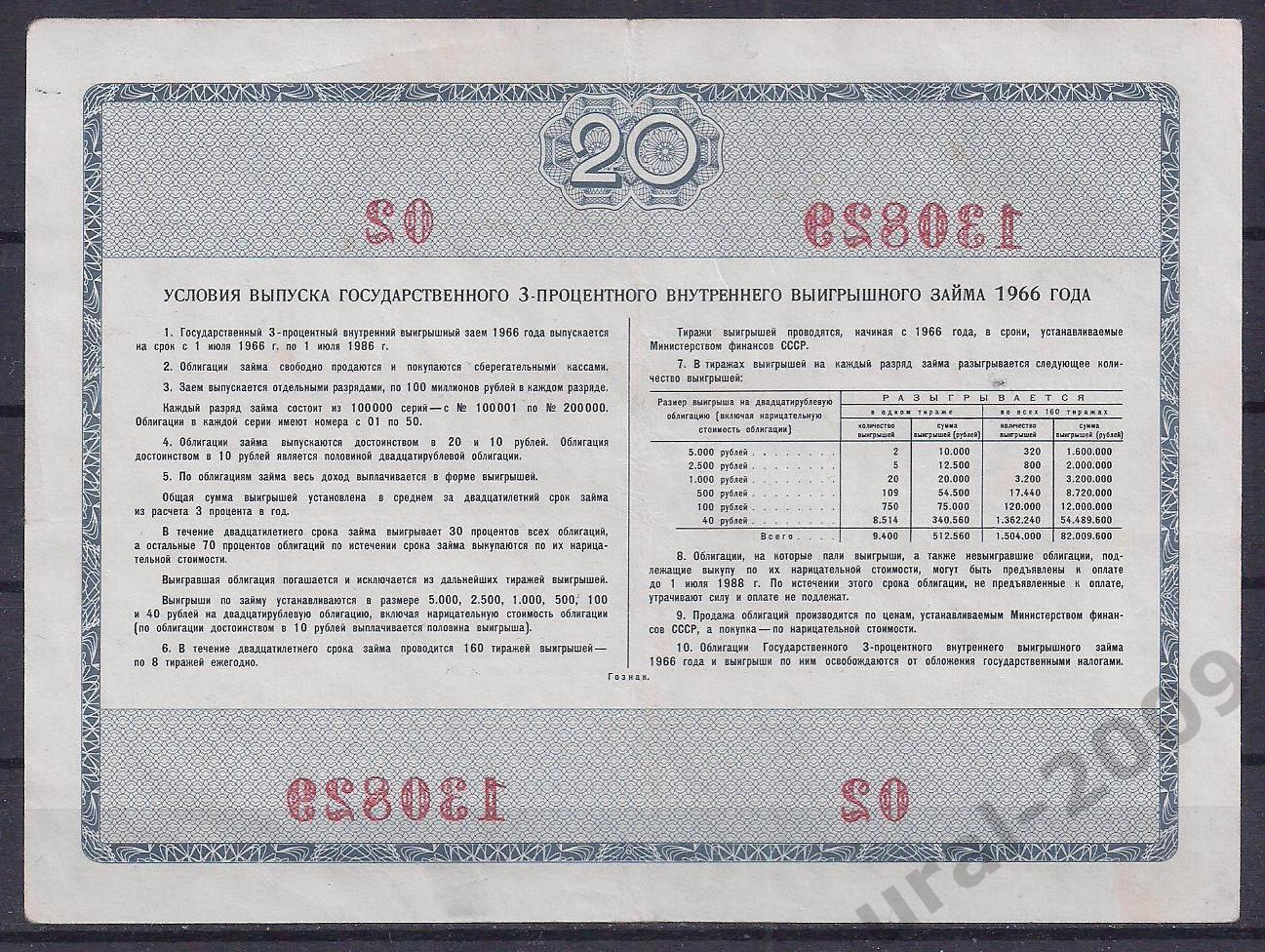 СССР, Облигация, 20 рублей 1966 год! 130829. 1